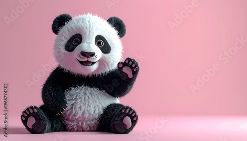 Adorable realistic panda doing playful action, sitting and waving, soft expression, centered composition, isolated on clean pastel background, studio lighting, smooth shadow, high detail, 8K commercia