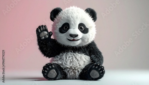 Adorable realistic panda doing playful action, sitting and waving, soft expression, centered composition, isolated on clean pastel background, studio lighting, smooth shadow, high detail, 8K commercia