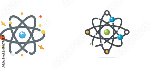 A minimalist 2D vector illustration of an atom symbol features a detailed nucleus with tiny stylized 