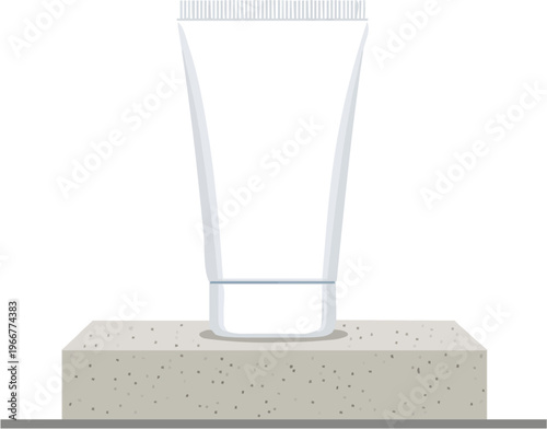 A minimalist product photograph showcases an empty white cosmetic tube mockup standing upright on a textured stone platform
