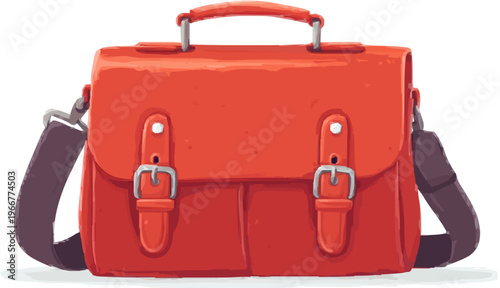 A vibrant red leather handbag with metal buckles and a long shoulder strap, set against a clean white background