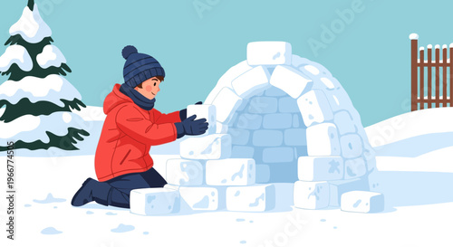 Young child building a snow fort with blocks during winter outdoor play