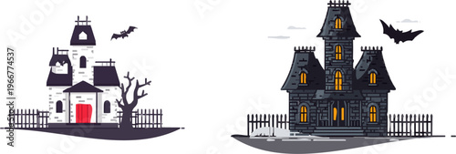 A spooky haunted house with crooked chimneys, boarded windows, broken fences, and a bat silhouette in the sky, rendered in a flat purple and dark grey palette against a white background