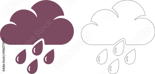 Purple cloud with falling raindrops and outline version