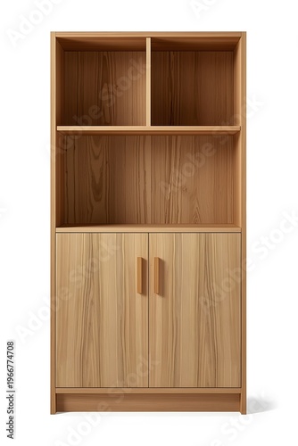 A light wood bookcase with three open shelves and photography isolated white background studio shot two cabinet doors below