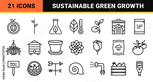Botany and Agriculture Linear Concept Grid Featuring Sustainable Growth Symbols and Horticultural Tools in Minimalist Geometric Outline.