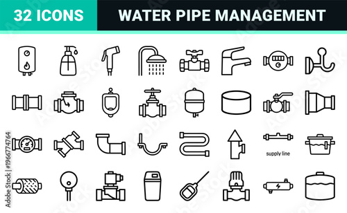 Plumbing and Water System Outline Graphics featuring Minimalist Geometric Line Art for Bathroom Fixtures and Industrial Piping Engineering