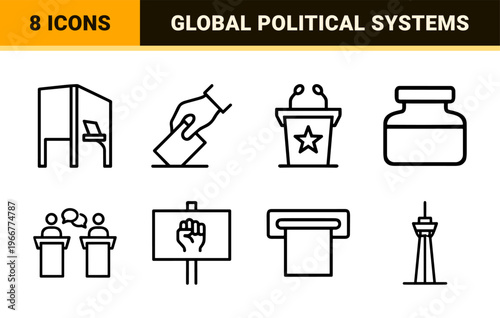 Political Election and Government Systems Minimalist Monoline Outline Symbols for Democratic Process and Civic Engagement Campaigns