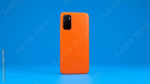 Orange Smartphone on Blue Background, Modern Technology and Communication.