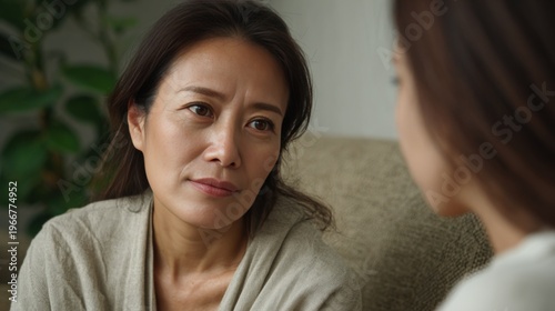 Mature Asian Woman Listening Attentively to a Companion in a Warm and Comfortable Indoor Environment