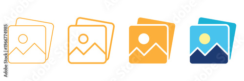 Image gallery and photo album icons set. Set of picture, landscape, gallery and mountain symbols in orange and blue outline, solid and colorful flat style for mobile app interface.