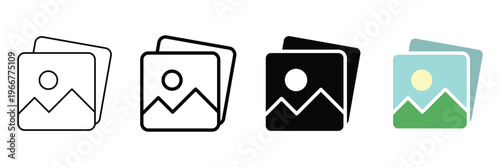 Image gallery and photo album icons set vector illustration of picture, landscape, gallery and mountain symbols in black outline, solid and colorful flat style for mobile app interface.