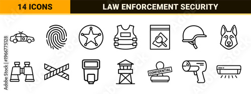 Law Enforcement and Public Safety Minimalist Monoline Icon Set featuring Clean Geometric Outlines for Crime Scene Investigation and Legal Utility.
