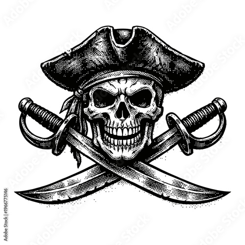 Vintage Black & White Pirate Skull Emblem with Crossed Cutlasses and Tricorn Hat. Classic Jolly Roger Style Art for Tattoos, Apparel, and Maritime Themes. Nautical Iconography Design Element, High-Con