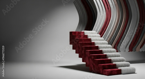 Red velvet staircase, abstract, minimalistic, luxury, interior design, modern