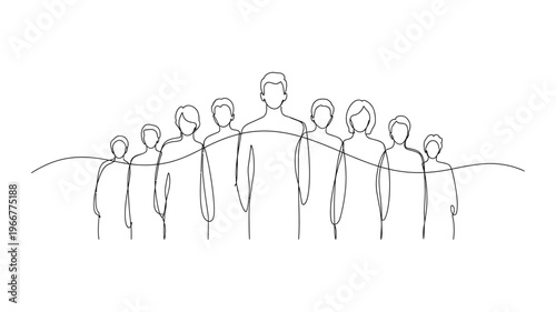 Continuous line drawing of diverse people holding hands in a circle.