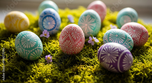 Colorful, hand-painted Easter eggs on moss with a delicate flower