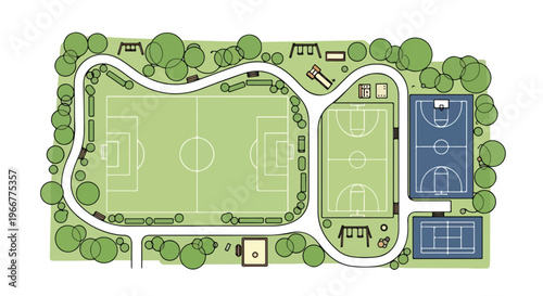 Isometric sports complex map vector, soccer football field and basketball court layout, green park stadium plan for infographic and branding