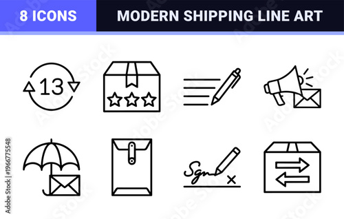 Postal and Logistics Monoline Icons featuring Minimalist Correspondence, Shipping Parcels, and Global Delivery Symbols in Geometric Line Art Style.