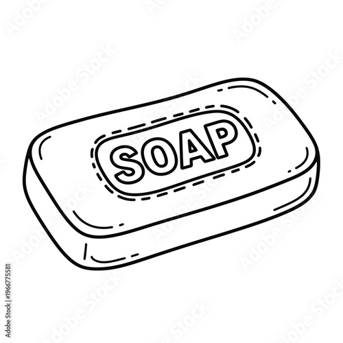 Hand drawn doodle style illustration of a rectangular soap bar with "SOAP" label.