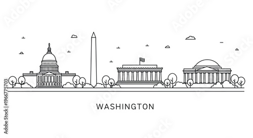 Minimalist Washington D.C. skyline illustration showcasing major American governmental landmarks.
