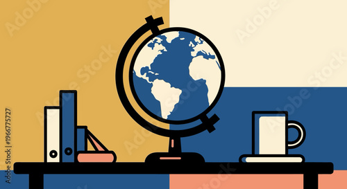 Colorful desk composition with globe and office supplies