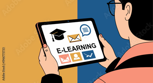 E-learning concept with tablet showing icons for education and communication