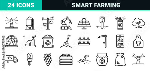 Smart Agriculture and Precision Farming Minimalist Monoline Icon Set featuring Geometric Line Art for Sustainable AgTech and Industry.