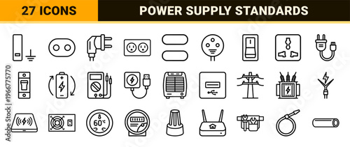 Global Power Socket Types and Electrical Engineering Outline Icons Featuring Minimalist Monoline Energy Infrastructure and Hardware Symbols