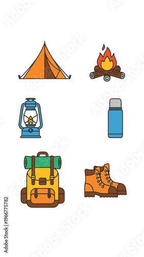 Collection of colorful flat design camping and outdoor adventure icons including tent, campfire, lantern, thermos, backpack, and hiking boot.