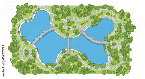 Top view park map vector illustration, green landscape with walking paths and blue lakes, urban garden plan graphic for recreation design