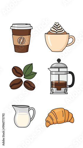 An illustration featuring various coffee items like beans, cups, French press, milk, and a delicious croissant.