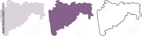 Three Representations of Maharashtra State Map in Purple on White Background Keywords: Maharashtra map, India map