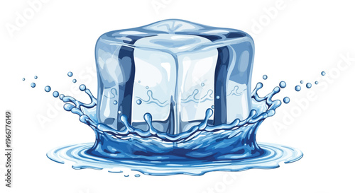 Realistic water splash with melting ice cube, blue transparent liquid wave illustration, vector drink concept for hydration, fresh beverage ads