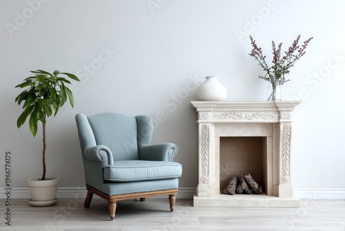 Light blue armchair and fireplace create a cozy room corner.