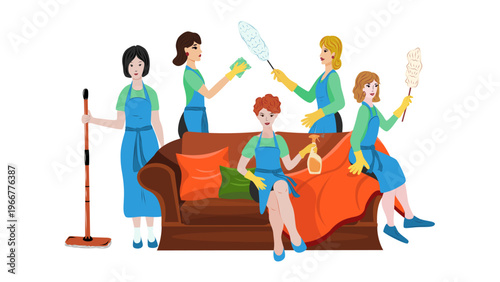 Cleaning team around sofa with tools. Professional house cleaning service concept, domestic work, hygiene, banner for advertising, home service promotion and website design.