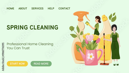 Spring cleaning banner with supplies and cleaners. Professional home cleaning concept, hygiene, housekeeping service, website header and promotional design.