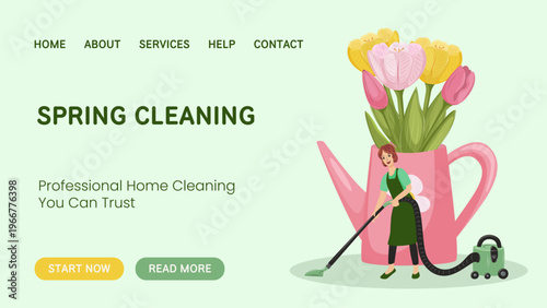 Spring cleaning banner with flowers in watering can and cleaner. Seasonal home service concept, fresh interior, hygiene, website header and advertising design.