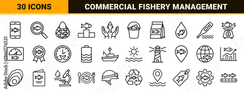Commercial Fishery and Sustainable Aquaculture Management Icon Set Featuring Minimalist Monoline Geometric Outlines for Marine Industry.
