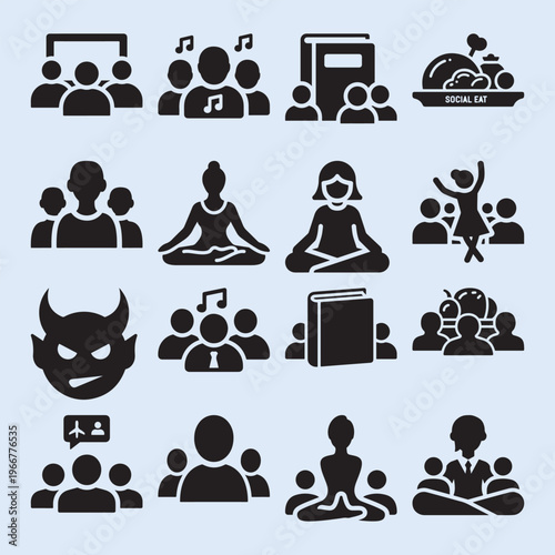 People vector icons for social gatherings and individual activities.