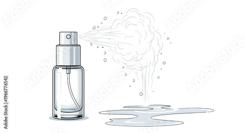 Minimal line art perfume spray bottle vector, cosmetic fragrance atomizer with mist cloud, black and white outline icon for packaging and branding