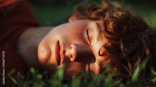 Close-up portrait of a young man lying on the grass with his eyes closed. he appears to be relaxed and comfortable, with his head resting on his hands and his head tilted back slightly to the side.