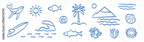 Doodle hand-drawn summer set with naive coastal motifs—sun, sea, waves, palm trees, fish, mountains, and corals. Retro tropical beach style for icons, collages, surf prints, and vignette vector art.