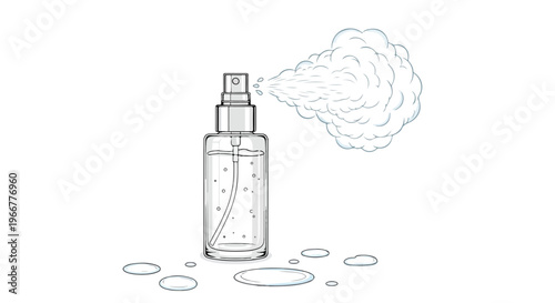 Minimal line art spray bottle illustration, cosmetic mist dispenser vector in black and white, skincare packaging icon for beauty branding and labeling