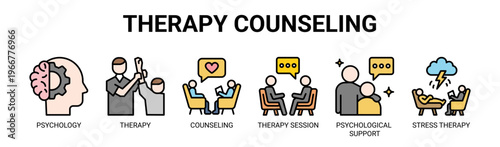 Therapy Counseling web banner icon vector illustration concept with icons of psychology, therapy, counseling, therapy session, psychological support, and stress therapy.