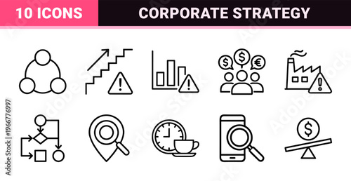 Project Management and Business Workflow Minimalist Monoline Geometric Line Art Icon Set for Professional Strategy and Corporate Planning