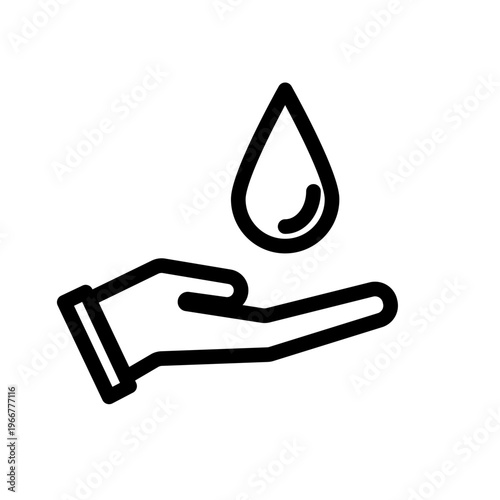 This line icon shows a hand holding a water drop, symbolizing water conservation, resource saving, and environmental care. Ideal for sustainability apps, eco campaigns, and water management systems.