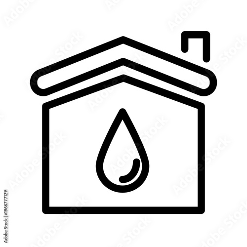 This line icon shows a house with a water drop symbol, representing water usage, home utility systems, and resource management. Ideal for smart home apps, water monitoring dashboards, and sustainabili
