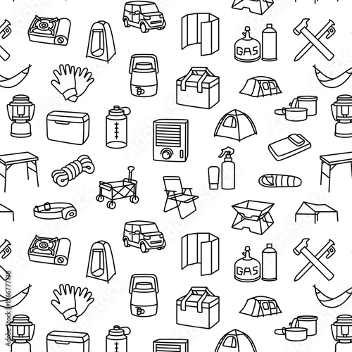 Hand-Drawn Camping and Outdoor Gear Seamless Pattern