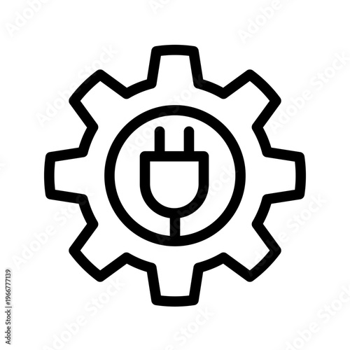 This line icon shows a gear combined with a power plug, representing energy systems, automation, and electrical integration. Ideal for smart technology apps, system control dashboards, and industrial 
